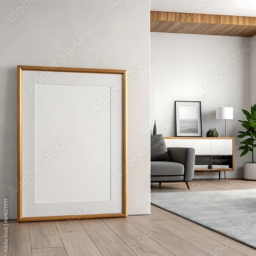 Frame mockup, ISO A paper size. Living room wall poster mockup. Interior mockup with house background. Modern interior design. 3D render