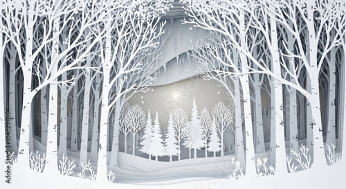Paper cut of winter forest with snow and moonlight