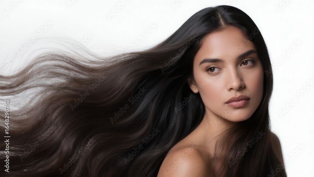 Fototapeta premium Hispanic woman with long healthy hair flowing, haircare beauty concept