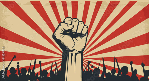 Raised fist with crowd and weapons on vintage red and beige background