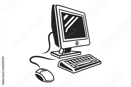 Black silhouette computer icon with thick outline, minimal side view.