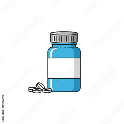 A blue medicine bottle with a blank white label and several round pills lying beside it on a white background.