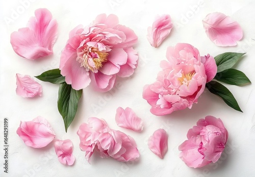 Arrangement of soft pink peony flowers with scattered petals and green leaves on white background showing delicate textures and gentle beauty