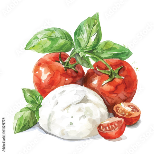 Watercolor Vector Illustration of Caprese Salad with Tomatoes, Mozzarella, and Basil