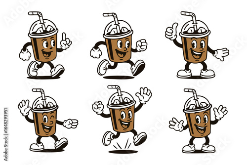 Collection of cartoon coffee cups with happy faces