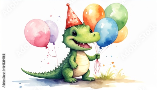 Baby crocodile wearing a party hat and holding a bunch of balloons 