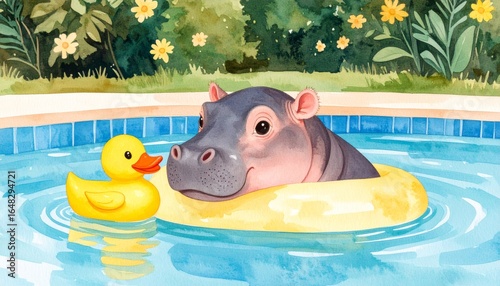 Baby hippo floating on a rubber duck in a swimming pool 