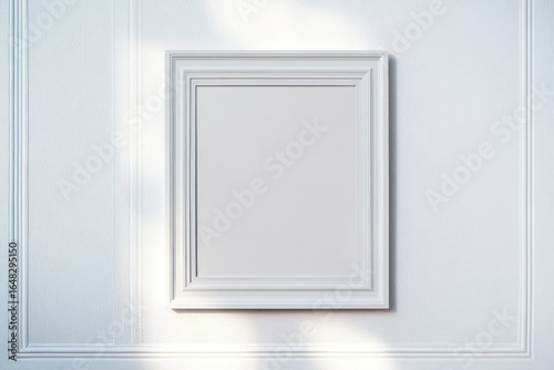 Empty white ornate rectangular picture frame hanging on textured white wall with soft shadows