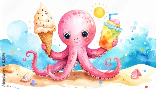 Cute octopus holding an ice cream in one tentacle and a drink in another 
