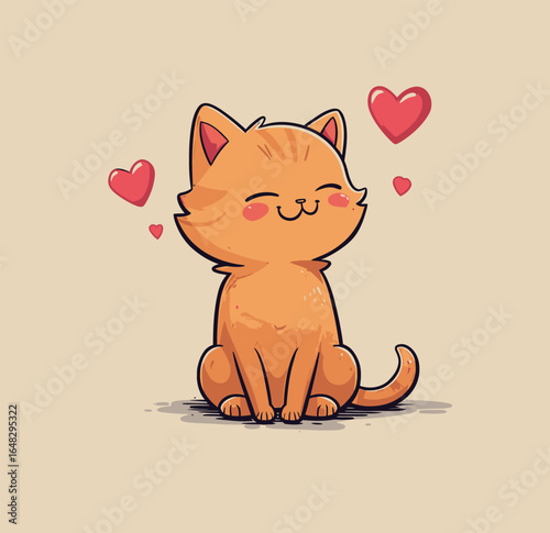 A cartoon cat with heart designs on its fur is depicted against a beige background.