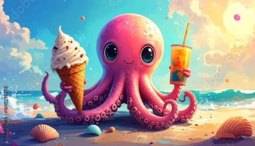 Cute octopus holding an ice cream in one tentacle and a drink in another 
