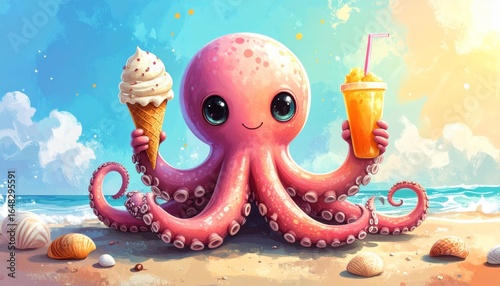 Cute octopus holding an ice cream in one tentacle and a drink in another 