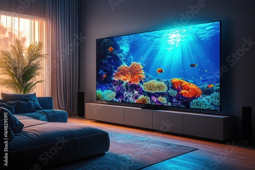 Modern living room with large flat screen TV displaying vibrant underwater coral reef scene illuminated by warm natural light and cozy sofa