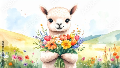 Little alpaca with fluffy wool holding a bouquet of flowers 