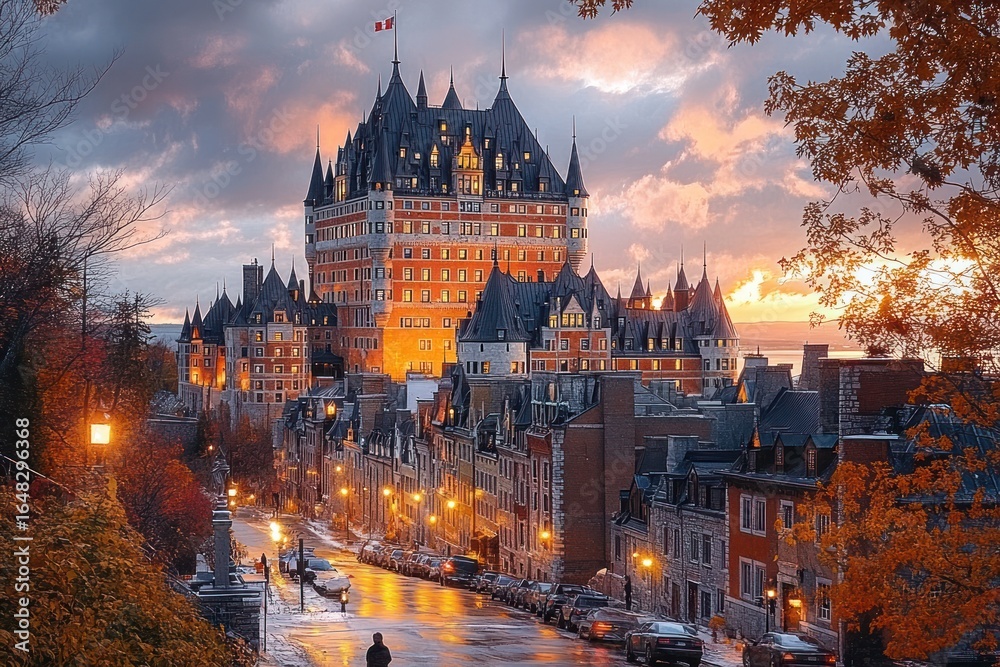 Obraz premium Historic large castle-like building with multiple turrets illuminated at sunset behind a street lined with cars and autumn trees with orange leaves and glowing street lamps