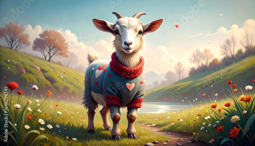 Little goat wearing a sweater with heart patterns standing on green grass