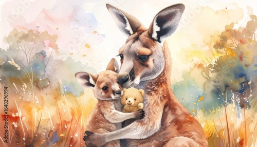 Tiny kangaroo peeking out from its mother’s pouch holding a small teddy bear 