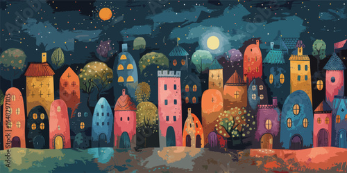 This painting depicts a city at night with a full moon shining brightly in the sky. The urban landscape is illuminated by the moonlight, casting shadows and creating a mysterious atmosphere.