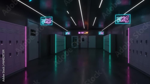 Neon Retro School Corridor: 80s Synthwave Vibe, Glowing Lockers, Dynamic Camera