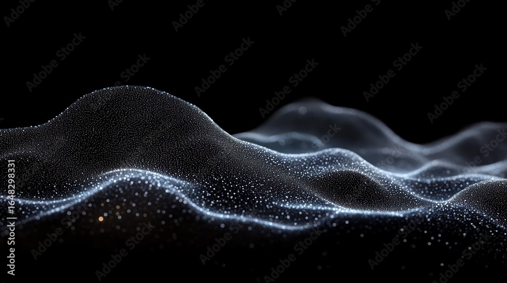 Fototapeta premium Abstract visualization of glowing particles forming smooth, flowing wave-like shapes on a dark background, evoking a sense of calm and mystery