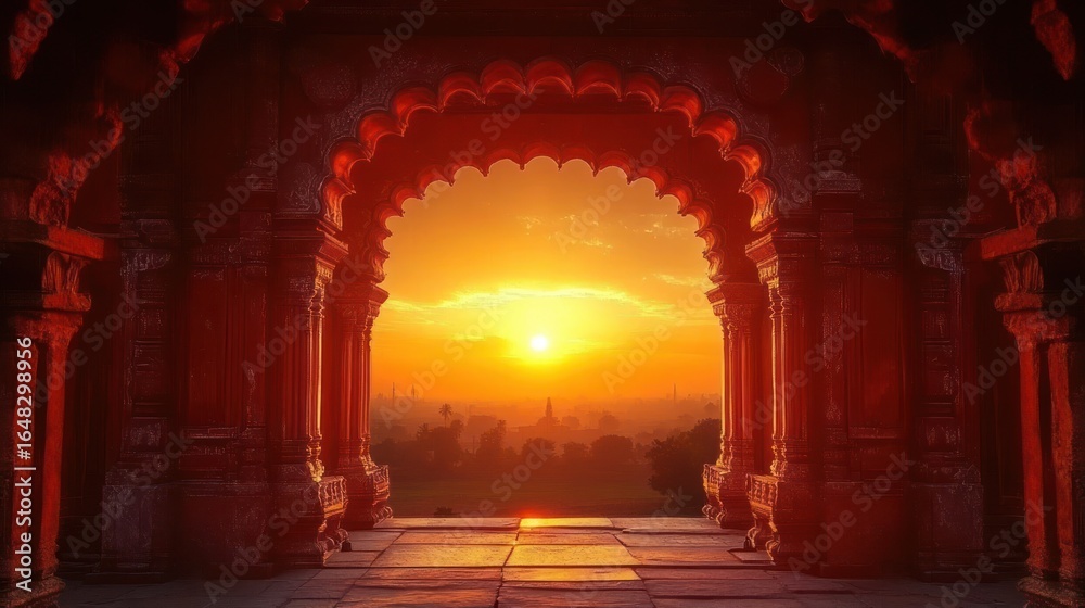 Fototapeta premium Sunset view through an intricate ancient archway revealing distant trees, mist, and a glowing orange sky, evoking a serene and timeless atmosphere