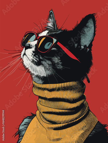 portrait of British Shorthair cat with sunglasses cosplay human, 960s space-age fashion