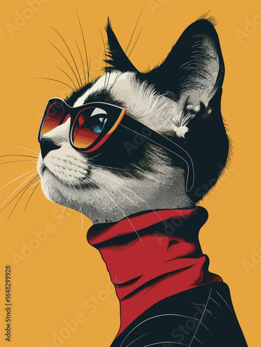 portrait of cute cat with sunglasses cosplay human, 960s space-age fashion