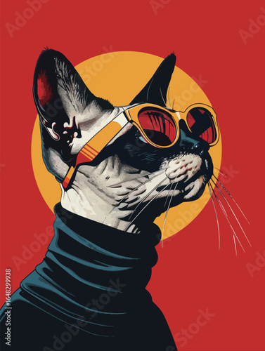 portrait of cute Sphynx cat with sunglasses cosplay human, 960s space-age fashion