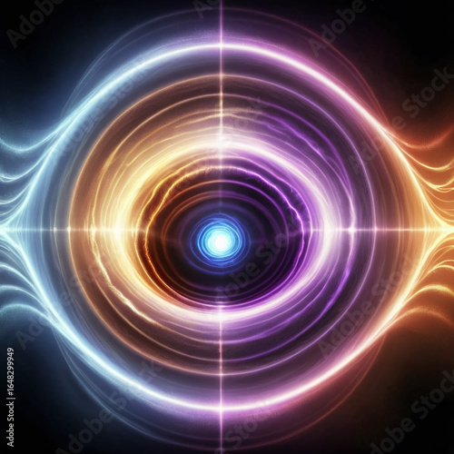 Abstract visual of energy and light with glowing concentric circles and flowing lines, perfect for science and technology