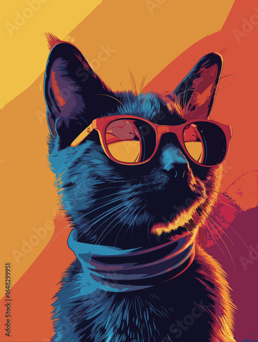 portrait of cute cat with sunglasses cosplay human, 960s space-age fashion