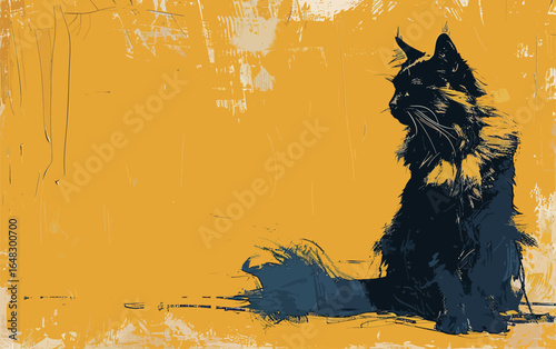 A realistic painting of a tabby cat seated on the ground, staring ahead with its tail curled around its paws. The cats fur is finely detailed, capturing a moment of stillness.