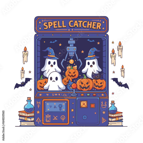 A whimsical Halloween-themed claw machine called 'Spell Catcher' filled with cute ghosts and jack-o'-lanterns.