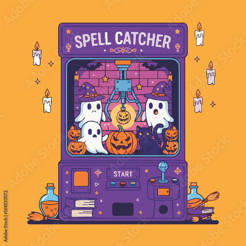 Adorable cartoon ghosts and pumpkins inside a purple "Spell Catcher" claw machine, surrounded by Halloween decorations and glowing candles.