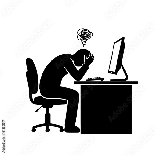Stressed man Silhouette at computer Frustrated worker with head in hands Office burnout concept high quality professional