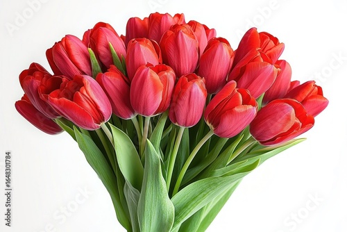 Vibrant bouquet of fresh red tulips with lush green leaves against a clean white background conveying beauty and freshness