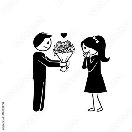 Stick figure couple Romantic gesture with roses and heart Simple line drawing Black and white love concept