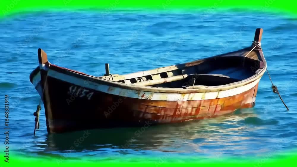 Rustic Wooden Boat Floating on Calm Blue Water Under Bright Sky with ai generated Rustic Wooden Boat Floating on Calm Blue Water Under Bright Sky with ai generated