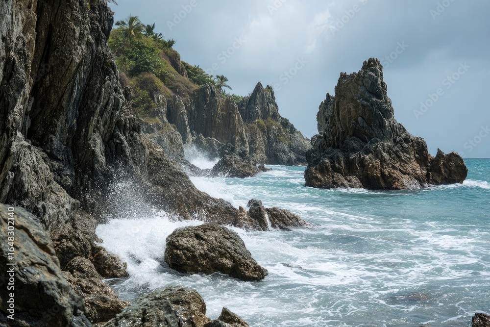 Naklejka premium Rocky coastline with crashing waves