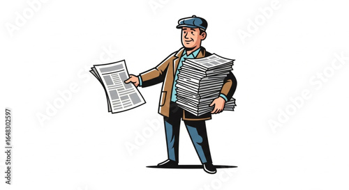 Street Newspaper Vendor, Traditional Press Seller, Vector Illustration