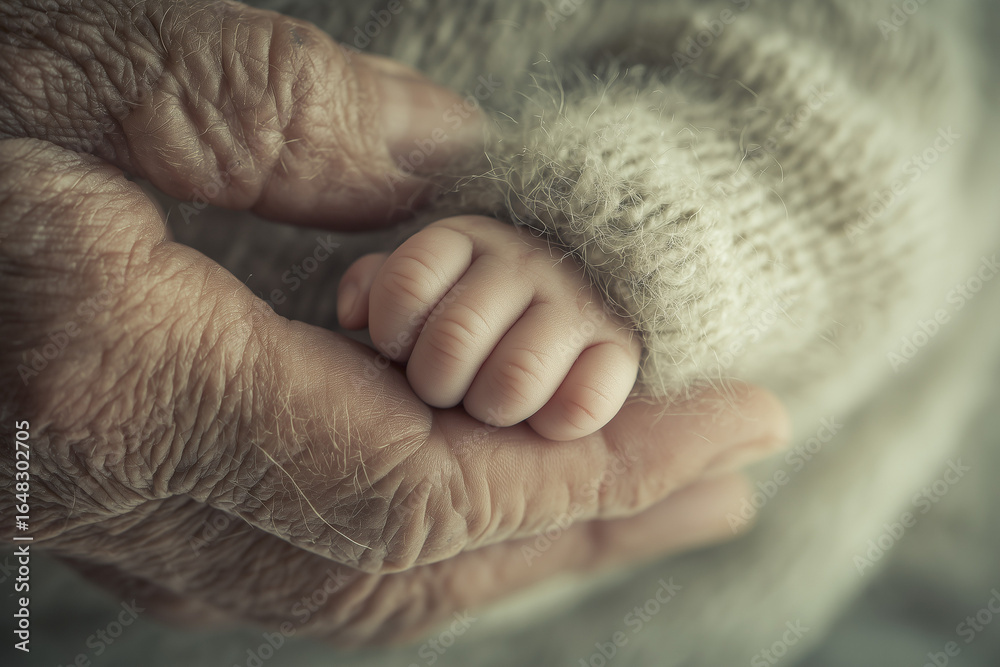 Fototapeta premium Elderly hand holding newborn baby hand in close up