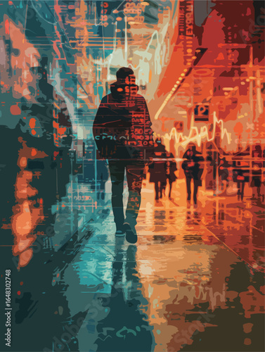 A man walks down a street with a reflection of himself in the water. The scene is set in a city with a lot of people and buildings. Scene is somewhat melancholic