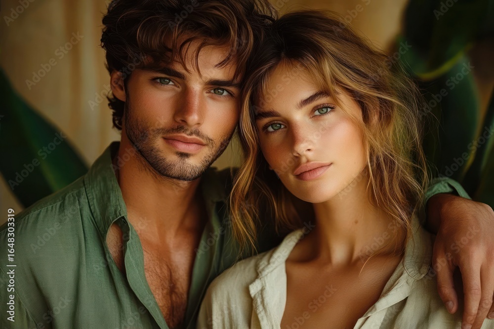 Fototapeta premium close-up portrait of a young man and woman with relaxed expressions embracing each other in natural light with a blurred green background