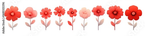Collection of nine red and pink stylized flowers with varying petal shapes and sizes on white background