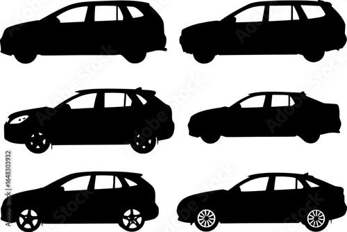 “Minimalist graphic illustration of different modern vehicle silhouettes — SUVs, sports coupes, sedans, and minivans — rendered in pure black with visible design details, neatly aligned in a grid layo