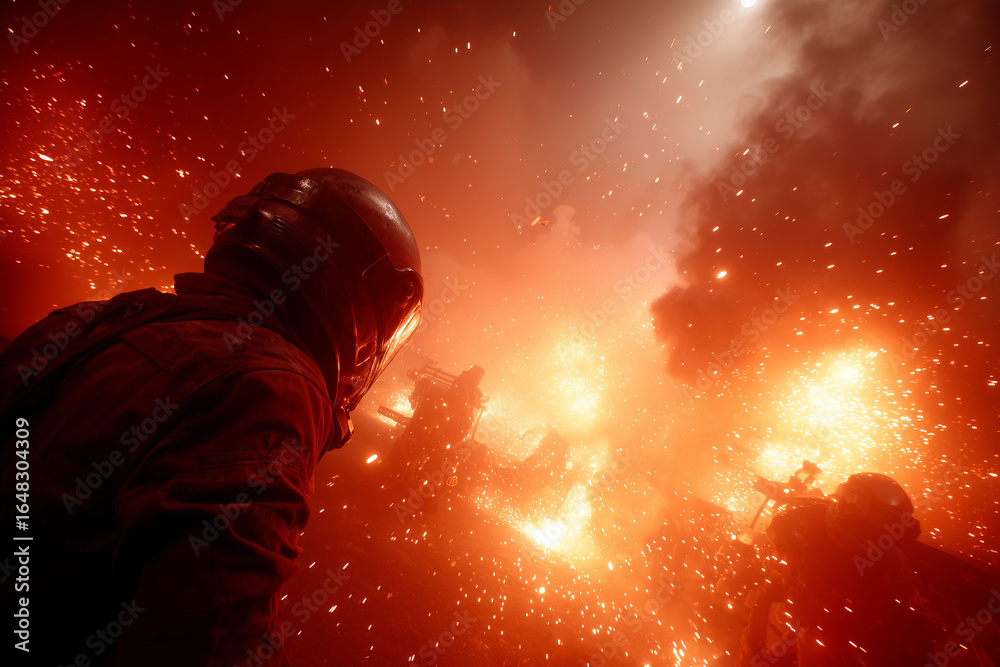 Fototapeta premium Firefighter in protective gear surrounded by flames and smoke