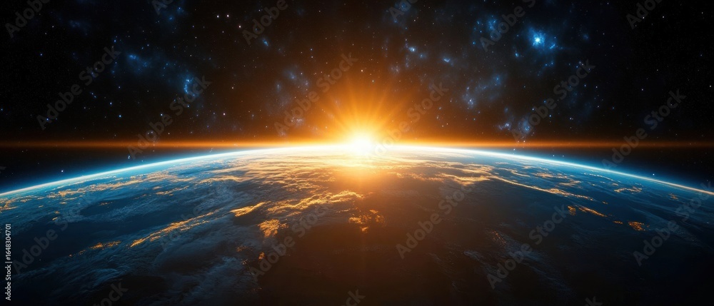 Obraz premium Sunrise over the Earth's horizon from space with glowing sunlight and visible atmospheric layer against starry night sky