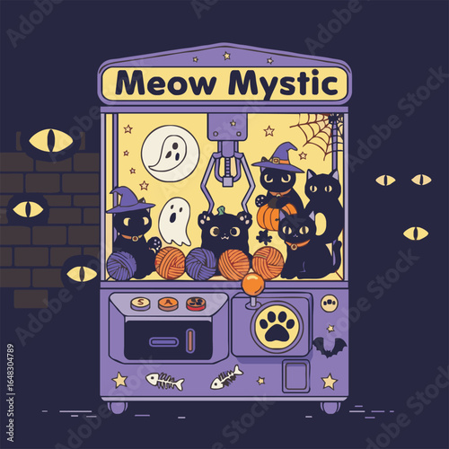 A whimsical illustration features a claw machine filled with Halloween-themed plush toys, including black cats and pumpkins.