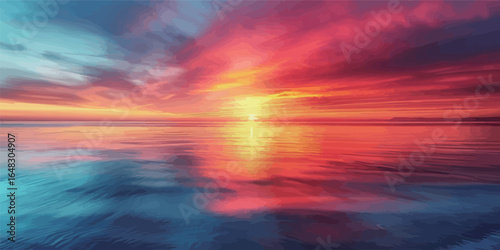 The sun sets over the horizon, casting a golden glow across the ocean. Wispy clouds drift lazily in the sky, creating a stunning display of colors and patterns. The scene is serene and peaceful, with 