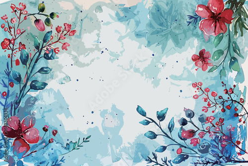 This watercolor painting features vibrant red and blue flowers in full bloom. The petals are delicately painted with intricate details, capturing the beauty of natures colors.