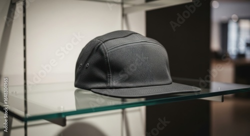 Sleek Black Five-Panel Camp Cap Displayed on a Modern Glass Shelf